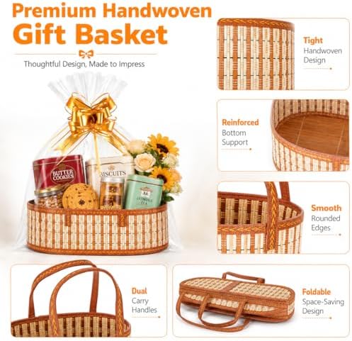 YAFAOCE 2Pcs Gift Baskets Empty to Fill for Easter Mother's Day Birthday Baby Baptisms Christmas New Year Valentines, Foldable Bamboo Woven Bulk Basket Set with Handle, Cute Large Basket Gift Kit