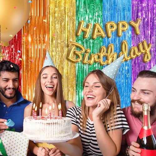 Rainbow Party Backdrop, 2Pack 3.3x8.3Ft Metallic Tinsel Foil Fringe Curtain