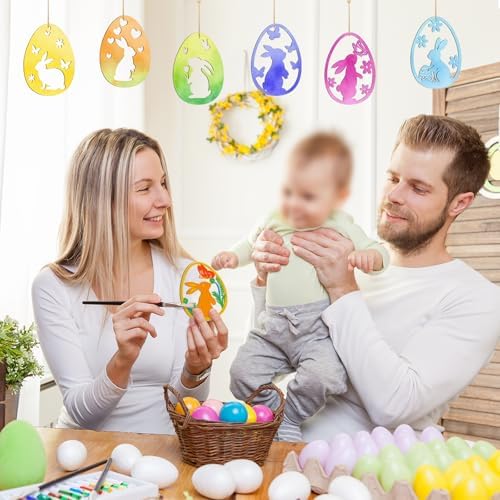 36PCS Wooden Easter Ornaments to Paint, 6 Styles DIY Blank Unfinished Wood Egg Cutouts Ornament for Crafts Hanging Decorations Happy Easter Hallow Egg Rabbit Bunny Butterfly Flower Hen
