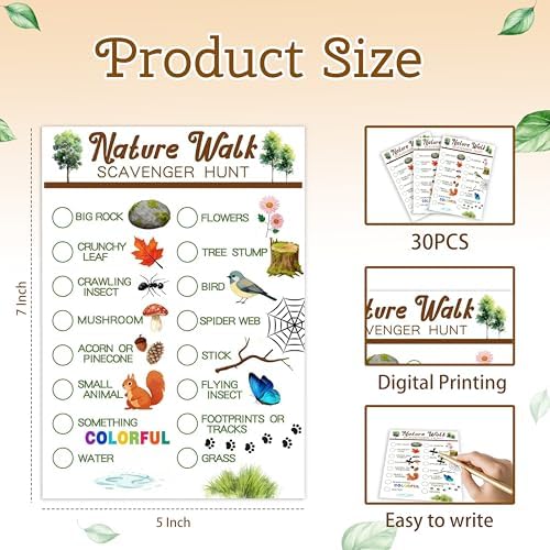 30Pcs Nature Walk Scavenger Hunt Cards, Scavenger Hunt Cards Road Trip and Travel Activities, Spring Summer Holiday Party Supplies, Camping Games Outdoor Indoor Seek Activity