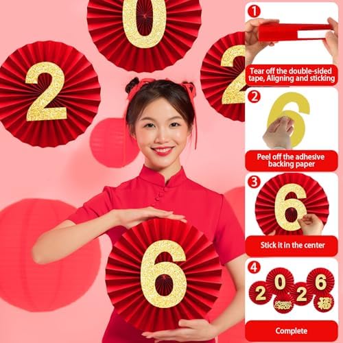 Chinese New Year Decorations 2026 Spring Festival Hanging Ornaments Paper Fans Red Lantern Happy New Year Banner Red Envelopes Chinese Fu Character Stickers for Lunar New Year Decorations