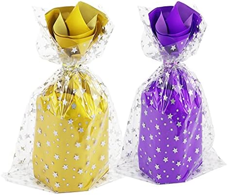 100 Pcs Star Printed 5"X 7" Gift Wrap Cello Cellophane Treat Bags Party Favor bags Clear Candy Cookie Bags Plastic Poly Goodie Storage Bags with Twist Ties for Bakery,Birthday, Wedding ,Party Decorations (Silver)