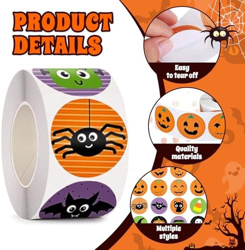Byhoo Halloween Stickers 1000 Pcsfor Kids, Pumpkin Bat Spider Stickers Roll