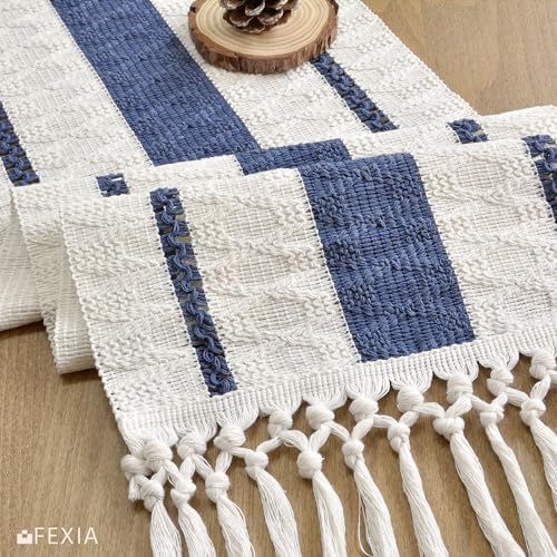 FEXIA Boho Table Runner with Tassels for Fall Home Decor 12x72 Blue Decor