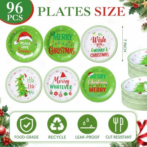 Fourluoo 96 Pcs 7 Inch Lime Green Christmas Paper Plates
