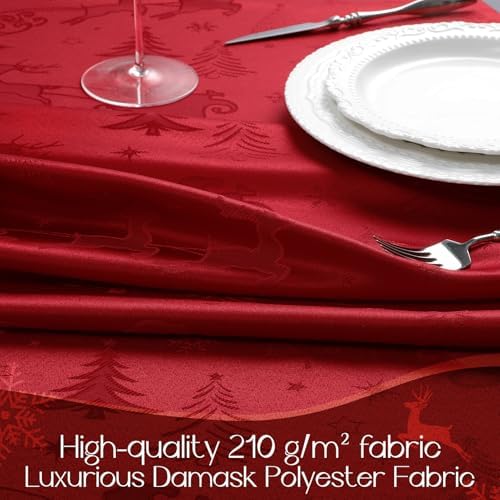 Romanstile Christmas Jacquard Rectangle Tablecloth, Red Xmas Deer and Tree