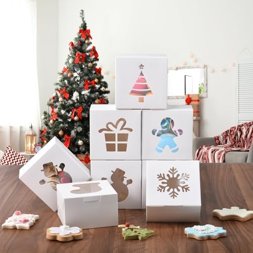 KPOSIYA 36 Pack Christmas Cookie Boxes for Gift Giving, 6x6x3 Inch White Bakery Boxes with Window, Large Holiday Cookie Tins with Lids, Small Xmas Treat Boxes for Pastry Dessert Cupcakes Packaging