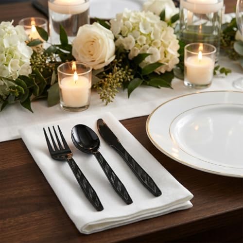 360Pcs Black Plastic Silverware Set, Disposable Forks Spoons Knives