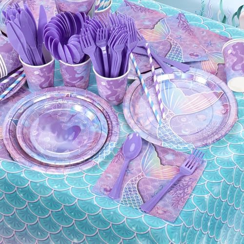 195Pcs Mermaid Birthday Party Decorations, Mermaid Tableware Party Supplies