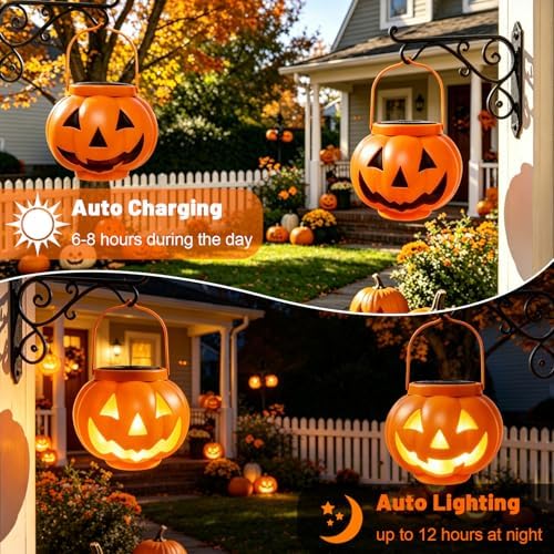 BRIGHTDECK Halloween Pumpkin Solar Lanterns 2 Pack, Jack O Lantern Pumpkin Lights for Halloween Decorations Outdoor, Weatherproof & Portable Fall Yard Decor (2Pack Warm White)