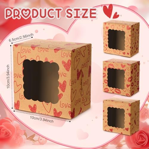 LemonRoad 24 Pcs Mother's Day Kraft Cookie Boxes with Window 4x4x2.5 Inches Heart Love Treat Boxes Cupcake Containers for Candy Pastries Doughnut Brownies Truffles Gift Wrap Wedding Party Supplies