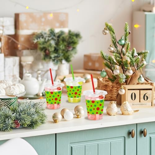 Whaline 50 Pack Green Christmas Plastic Cups with Lids Straws Red Green Polka Dot Clear Plastic Cups 12oz Holiday Disposable Cold Beverage Drinking Cup for Xmas Winter Party Supplies