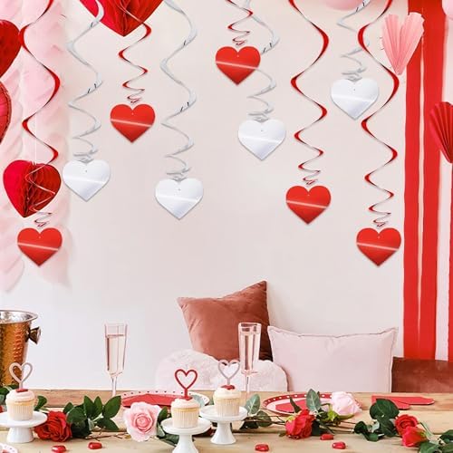 BEISHIDA Happy Valentine's Day Hanging Swirls Valentine's Decorations Red Silver Heart Hanging Ornament Wedding Anniversary Engagement Proposal Party Supplies Romantic Party Decorations Pack of 15