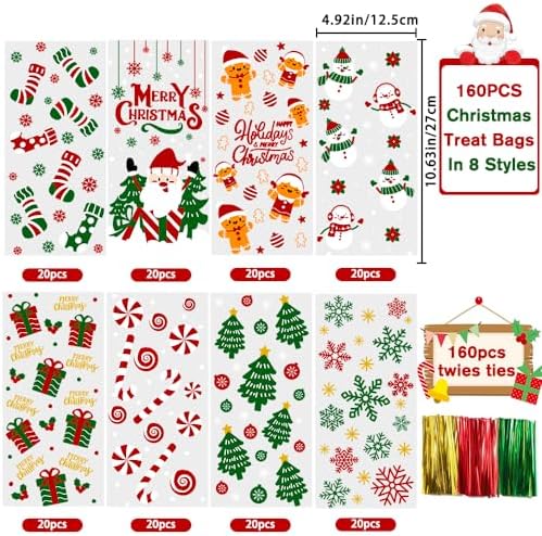 YUJUN 160PCS Christmas Cellophane Treat Bags Winter Party Favor Supplies