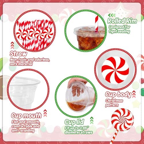 Whaline 50 Pcs 12 Oz Christmas Disposable Plastic Cups with Lids and Straws Red Peppermint Candy Cold Beverage Drinking Cups for Winter Xmas Birthday Party Supplies