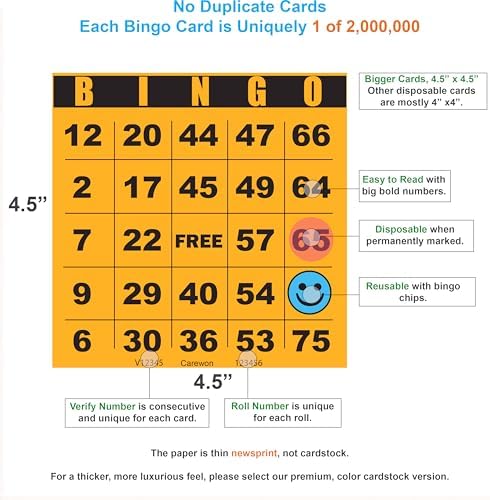 100 Bingo Cards, Large 4.5 x 4.5 Inch, Paper Bingo Sheets, Orange
