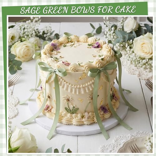 30 Pack Sage Green Bow Cake Toppers Ribbon Bows for Cake