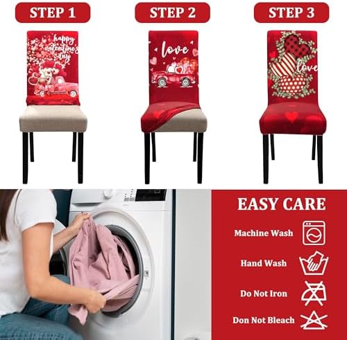 Valentines Day Chair Covers Set of 4, Valentines Decorations Stretch Removable Washable Dining Room Love Hearts Gnome Chair Protector Slipcovers Party Kitchen Home Valentine Decor (Valentine 2, 4 PCS)