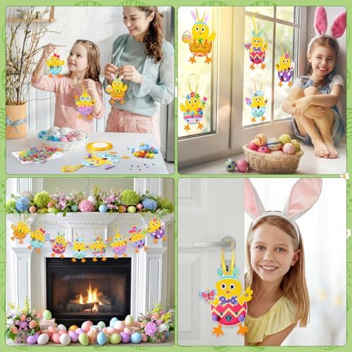 Funrous 48 Sets Crafts Kit Paper Crafts DIY Make Your Own Hanging Ornaments with Pompoms Diamond Stickers for Holiday Classroom Activities Party Favors, Easter Chick