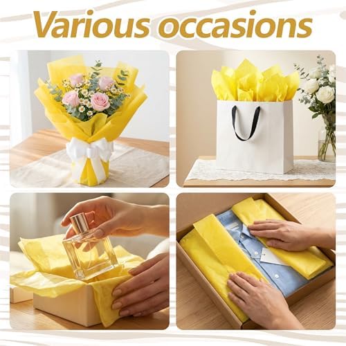 Bobobag 100 Sheets Yellow Tissue Paper 20"X14" Tissue Paper for Gift Bags, Gift Wrapping Tissue, Christmas Tissue Paper Anniversary Holiday Decoration Arts Craft