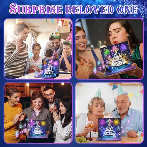 APOTODITO Musical Birthday Cards, 3D Pop Up Card with Music and Light, Firework Birthday Cards with Interactive Blowable Candle, Gift for Her Him Mom Grandma Wife Husband (Blue and Silver)