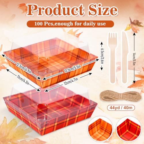 Whaline 100 Set Fall Small Charcuterie Boxes with Clear Lids Forks Knives Buffalo Plaid Mini Dessert Box Disposable Food Container for Autumn Harvest Thanksgiving Wedding Birthday Party Supplies