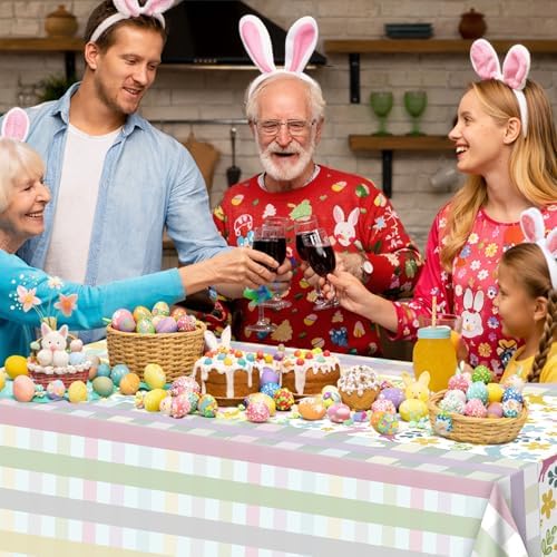 OHOME Easter Decorations - Rabbit Eggs Disposable Plastic Tablecloth Rectangular | Easter Party Decorations Supplies Favors Indoor Outdoor - Spring Holiday Backdrop Banner Table Cover for Home Kitchen