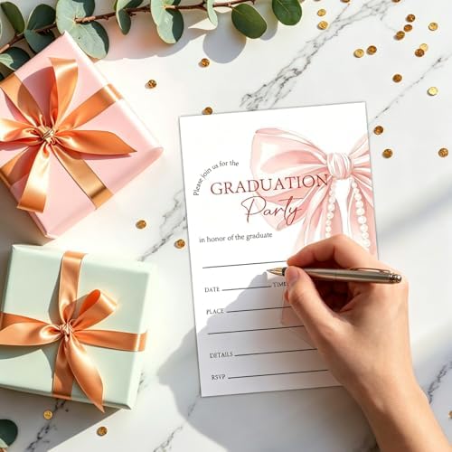 Pink Bow Graduation Invitations 2026 with Envelopes - 20 Pack Class of 2026 Graduation Party Invitations, 4x6 Inch Fill-in Graduation Announcements for High School or College - A08