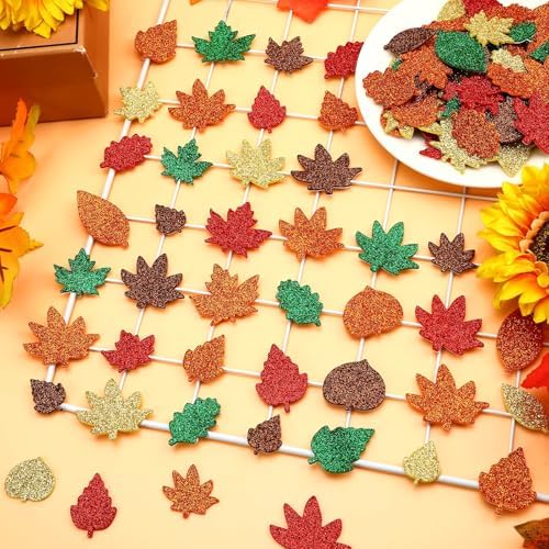 JULBEAR 300Pcs Fall Leaf Foam Stickers, Glitter Maple Leaves Decals