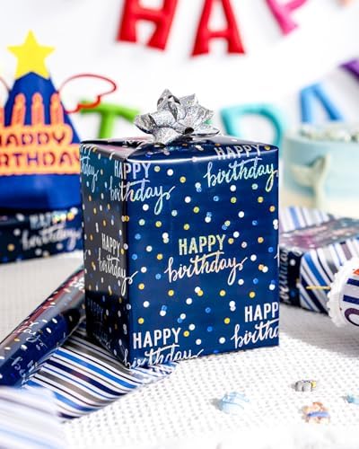 MAYPLUSS Birthday Wrapping Paper Roll, Blue Metallic Holographic Happy Birthday Wrapping Paper Featuring Revesible Stripe Gift Wrap Paper for Boys Kids Girls Men, 17 Inches x 33 Feet