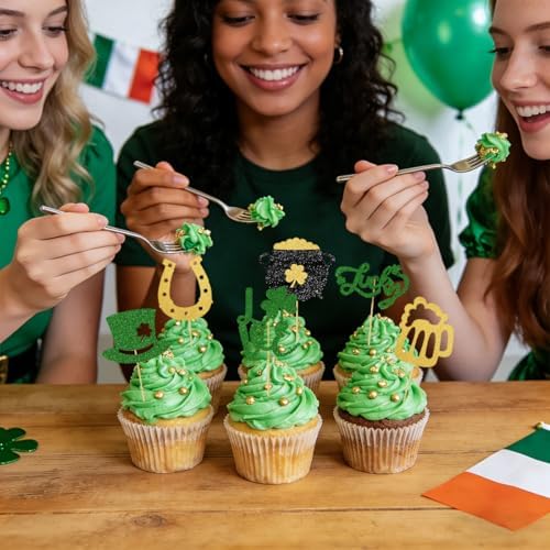 24Pcs St.Patrick's Day Cupcake Toppers, Lucky Shamrock Cake Decorations