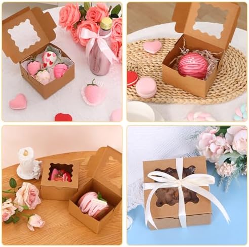 Moretoes 120pcs Small Cookie Boxes with Window,Brown Bakery Boxes,4x4x2.5