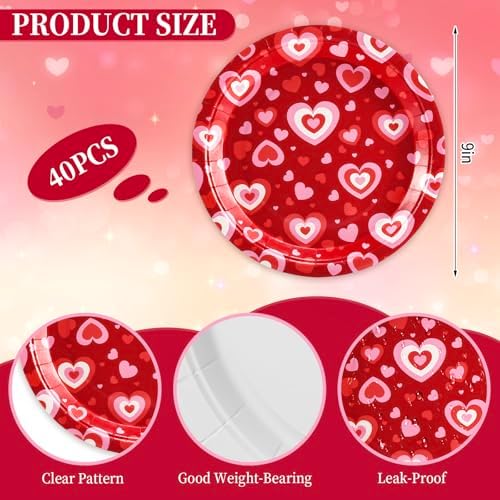 Whaline 40 Pcs Valentine's Day Heart Paper Plates Disposable Plates 9 Inch Red Love Heart Party Tableware for Wedding Anniversary Table Decor Supplies