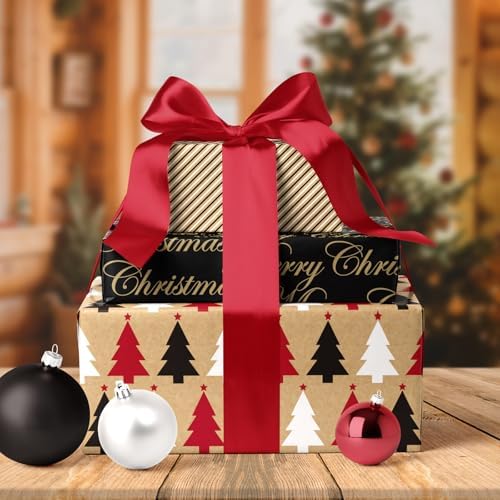 LaRibbons Kraft Christmas Wrapping Paper Set, Elegant Gift Wrap with Trees, Stripes & Merry Christmas, Black & Brown Holiday Paper with Cutlines for Xmas, Party Gifts, 17 inch x 10 ft -3 Rolls
