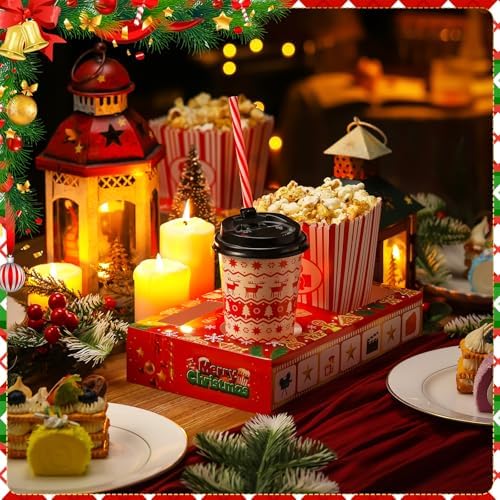 Dunzoom 20 Pcs Christmas Movie Night Supplies Movie Night Paper Snack Trays Popcorn Candy Holder Movie Theater Snack Boxes Cardboard Snack Holder Food Trays for Movie Party(Warm Christmas)