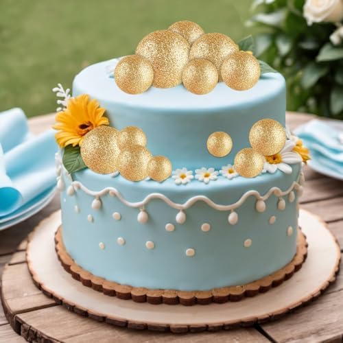 ASTARON 20 Pcs Glitter Gold Balls Cake Topper Decorations for Birthday Cake