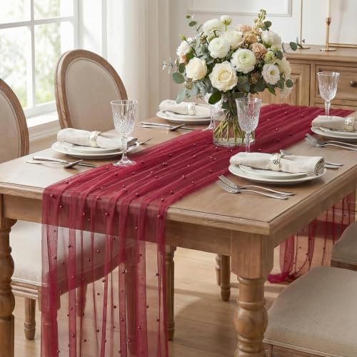 Artoid Mode 3-Pack Pearl Burgundy Gauze Table Runner 10FT Home Decor