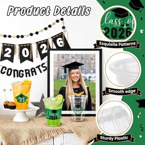 100 Pack 12oz Green Graduation Decorations Cups, Class of 2026 Disposable Plastic Cups, Sturdy & Durable Tableware for High School College Grad Party Decorations Supplies