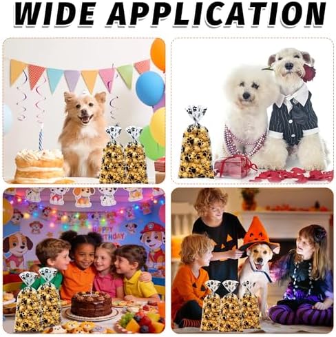 ZYLOP 100 Pcs Dog Treat Bags - 5 x 11 Inch Clear Cellophane Puppy Party Favor Bags with 110 Silver Twist Ties, Plastic Dog Paw Print Goodie Bags for Pet Birthday, Cat Treats, Candy & Cookies, Black