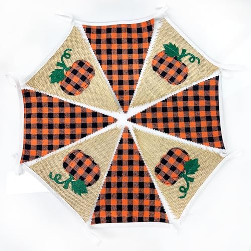 24Ft Burlap Banner - Fall Pumpkin Plaid Pennant Triangle Flag Garland Streamers - Fireplace Decor for Thanksgiving Day, Rustic Autumn Birthday Parties