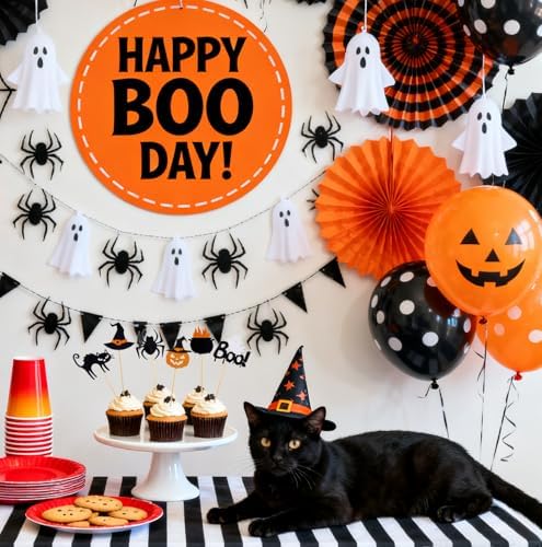 24 PCS Halloween Cupcake Toppers,Glitter Spider Witch Hat Spooky Little Boo Ghost Cat Pumpkin Cupcake Picks for Halloween Theme Baby Shower Kids Birthday Party Cake Decorations