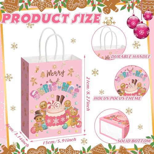 Kolldenn 48 Pcs Pink Christmas Gingerbread Party Favors Bags with Handles