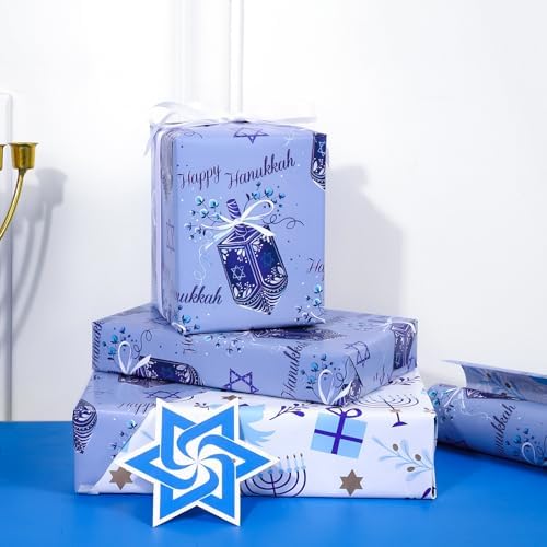 WRAPAHOLIC Reversible Hanukkah Wrapping Paper - Mini Roll - 17 Inch x 33 Feet - Dreidels and Menorah Lights Chanukah Wrapping Paper Perfect for Hanukkah, Chanukah, Holiday