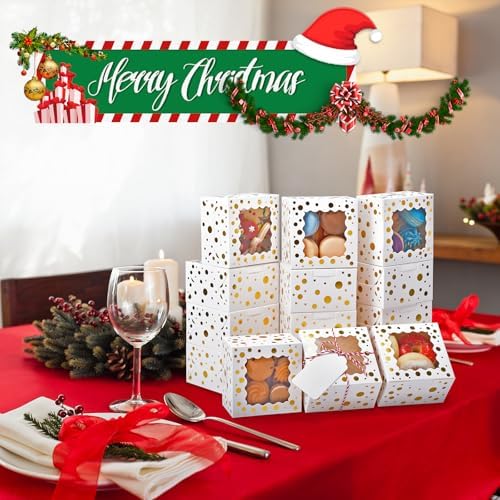 32Pcs 4x4x2.5 in Christmas Cookie Boxes with Window, White Gold