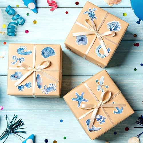 H1vojoxo Coastal Cowgirl Sticker Rolls - 1000PCS Summer Decorative Aesthetic Blue Ocean Beach Sea Animal Stickers for Girls 16 Styles Sea Turtles Conchs Vinyl Decals for Scrapbook Craft Water Bottle