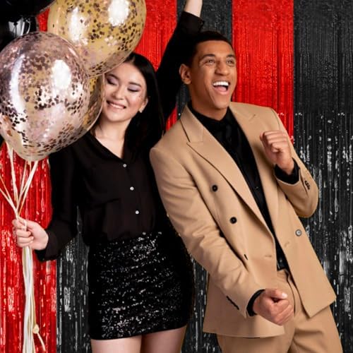 2 Pack Black and Red Party Backdrop Streamers Decorations Foil Fringe Curtains Metallic Tinsel Backdrop for Birthday Halloween Christmas New Year Fancy Ball Graduation Party Decor