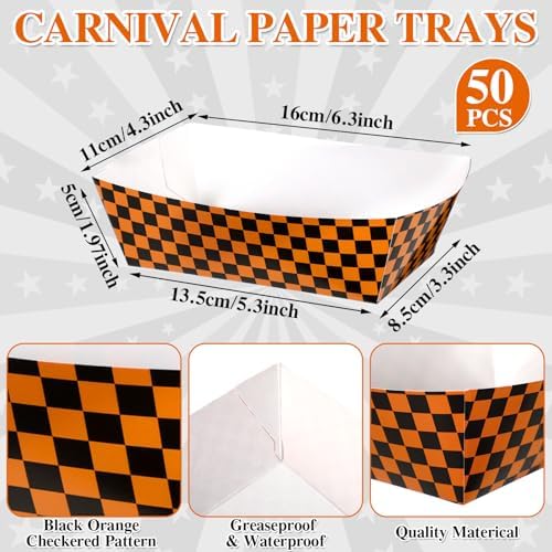 Geosar 100 Pcs Gingham Paper Food Tray with Wax Paper,Orange Black