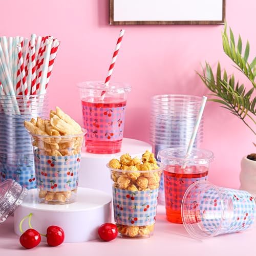 Jingmore 50 Pcs Cherry Plaid Party Disposable Plastic Cups 12 oz with Lids Straws Themed Party Supplies Plastic Tumbler for Birthday Table Decorations Favors(Red and Blue)