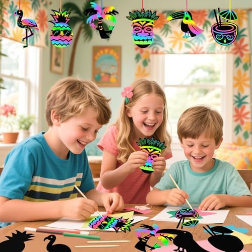 JULMELON 36PCS Luau Crafts for Kids, Rainbow Scratch Art Hawaiian Party
