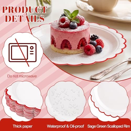 NatNarr 30 Pk Red Paper Plates 7" Scalloped Red White Dessert Cake Plates